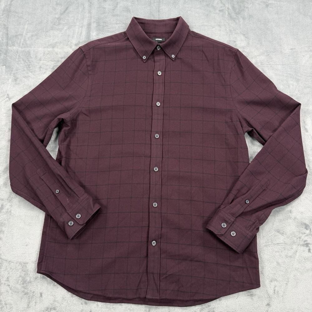 Express Mens Medium Burgundy Windowpane Button Down Shirt Rayon Slim Fit NWOT